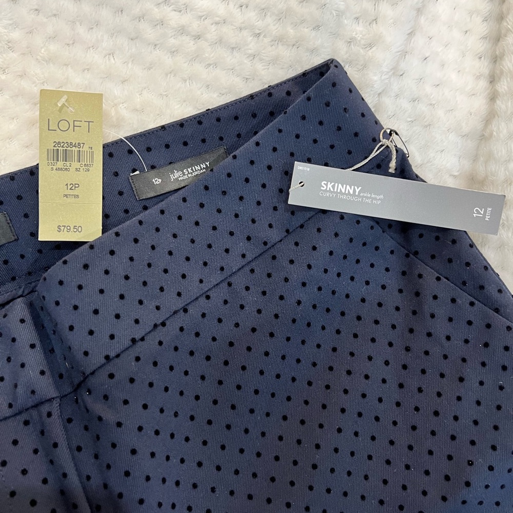 LOFT Julie Skinny Ankle Pant | Navy with Polka Dots | Size 12 Petite